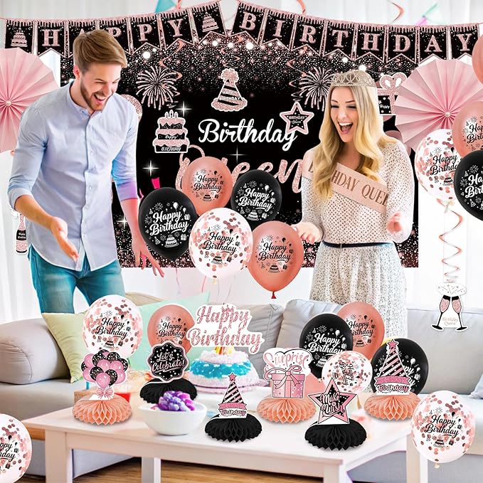 80th Birthday Decorations for Women - Rose Gold 37Pcs Golden Years Celebration Party Kit with Banner, Backdrop, Tiara, Sash, Cake Topper, Latex Balloons, Hanging Swirls, Centerpieces | Party Supplies