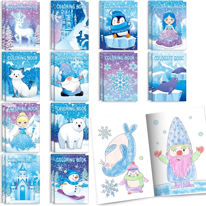 BenLouis 24 Pcs Frozen Mini Coloring Books Kids Winter Snowflake Party Favors Small Activity Books Bulk for Kids Winter Holiday Themed Goodie Bags Stuffers Return Gifts Classroom Travel
