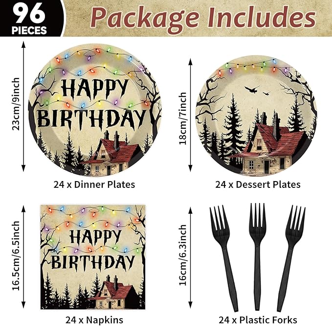 96pcs Retro Scary House Paper Plates Spooky Rustic Alphabet Tableware Sets Colorful Light Bulbs Party Decorations Forest Dinner Plates and Napkins Forks for Birthday Party Supplies Serve 24 Guests