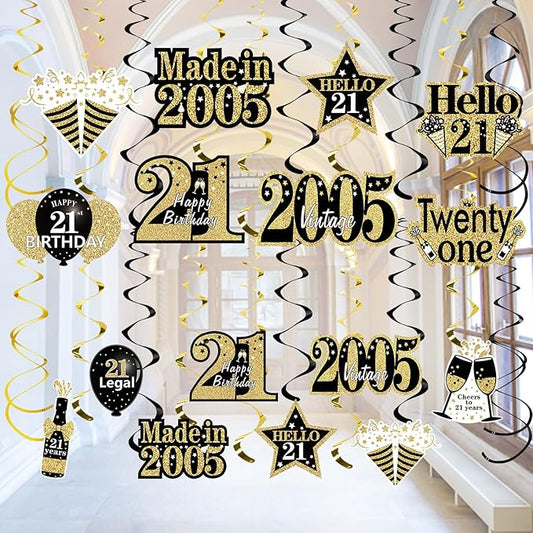 Turypaty 21st Birthday Decorations Hanging Swirls for Boys Girls, Black Gold Vintage 2005 21st Birthday Foil Swirls Party Supplies, Twenty-One Year Old Birthday Ceiling Hanging Decorations