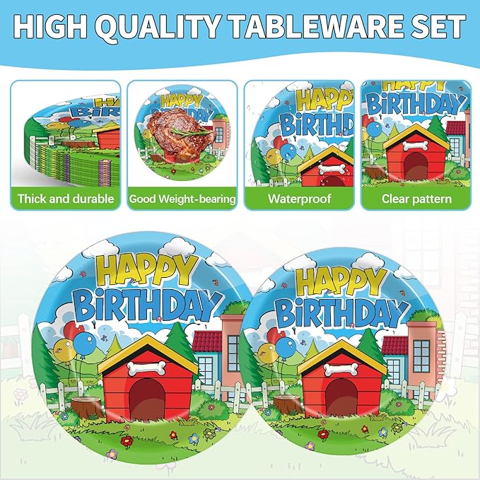 96Pcs Cute Dog Red House Birthday Party Supplies Cartoon Dog Red House Paper Plates and Napkins Puppy Theme Disposable Tableware Set for Kids Birthday Baby Shower Party Decorations Serves 24