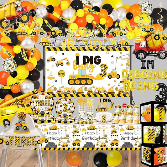 345 Pcs Construction 3rd Birthday Party Supplies, Dump Truck Three Years Old Party Decorations Include Backdrop, Balloons Box, Hanging Swirls, Hat, Tablecloth, Plates, Cake Toppers, Balloons Garland