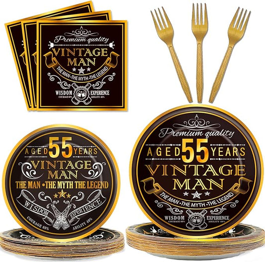 Wiooffen 96 Pcs Vintage 55th Party Tableware Set Back in 1970 55th Theme Birthday Party Table Decoration Supplies Cheers to 55 Years Paper Plate Napkin Fork 24 Guests for Men