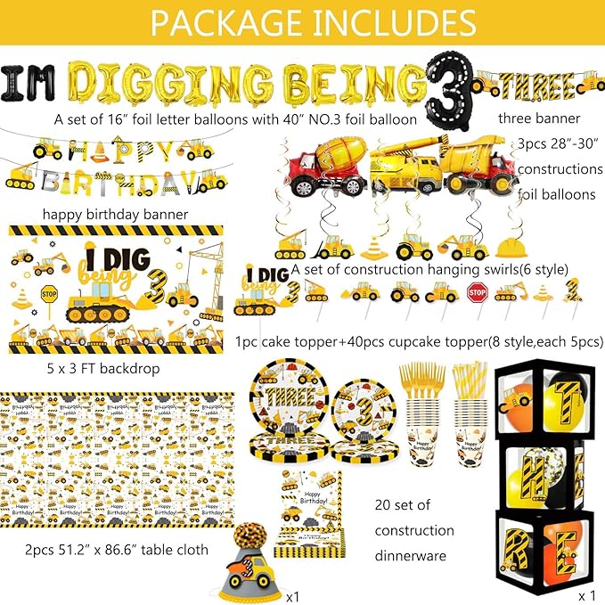 345 Pcs Construction 3rd Birthday Party Supplies, Dump Truck Three Years Old Party Decorations Include Backdrop, Balloons Box, Hanging Swirls, Hat, Tablecloth, Plates, Cake Toppers, Balloons Garland
