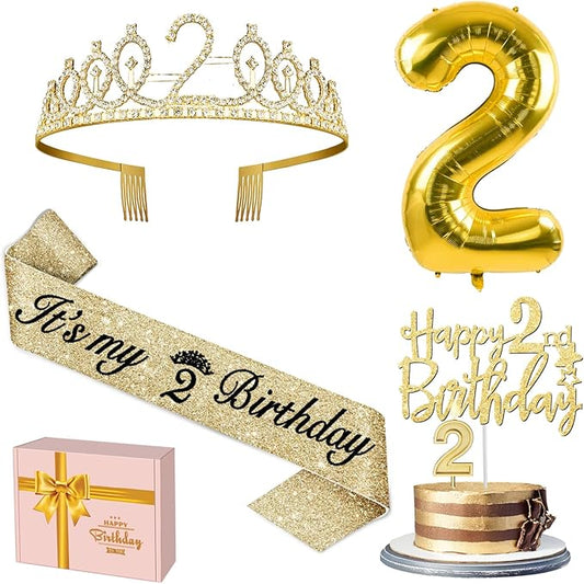 2nd Birthday Decorations for Baby Girls, Including Sash and Crown, Cake Topper and Candle 2, Number Balloon, 2nd Birthday Gifts for Girls