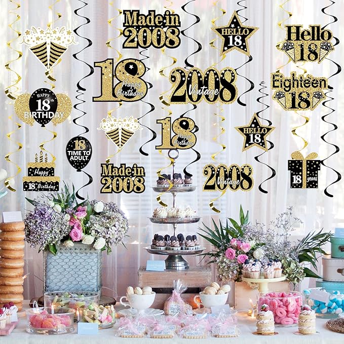 Turypaty 18th Birthday Decorations Hanging Swirls for Boys Girls, Black Gold Vintage 2008 18th Birthday Foil Swirls Party Supplies, Eighteen Year Old Birthday Ceiling Hanging Decorations
