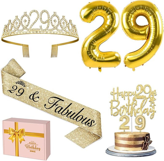 29th Birthday Decorations for Women Gold with 29th Birthday Tiara and Sash, Cake Topper and Candles, Number Balloons, 29 Year Old Gifts for Women