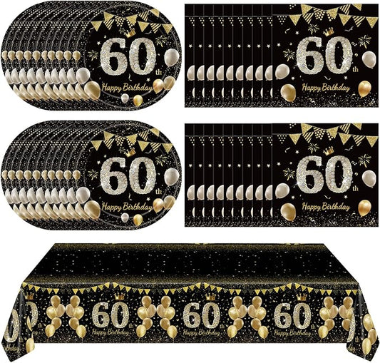 41Pcs 60th Birthday Decorations for Men Women, Black Gold 60 Year Old Birthday Party Supplies Include 20 Plates 20 Napkins and 1 Tablecloth, Black Gold 60 Aged Birth Party Tableware