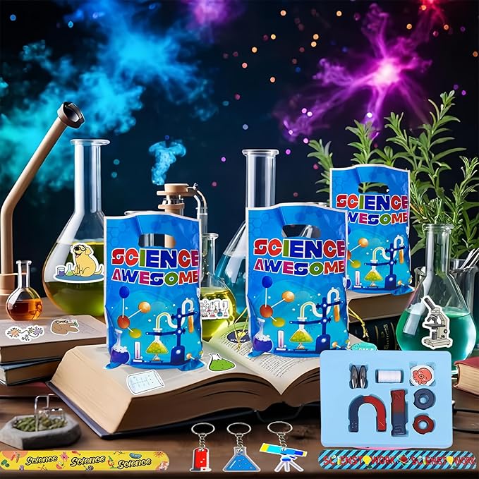 QZYCMHOO 111PCS Science Party Favors Set, Lab Birthday Decorations Including Slap Bracelets, Keychains, Gift Bags, DIY Stickers, Drinking Straws, Science Birthday Supplies