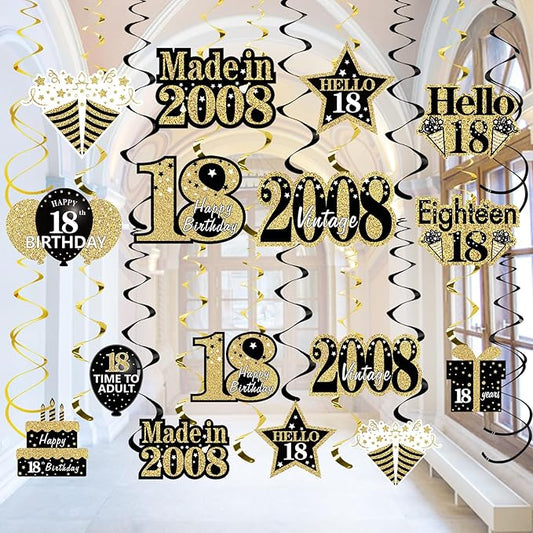 Turypaty 18th Birthday Decorations Hanging Swirls for Boys Girls, Black Gold Vintage 2008 18th Birthday Foil Swirls Party Supplies, Eighteen Year Old Birthday Ceiling Hanging Decorations