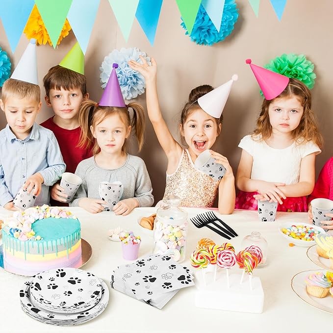 Kochorie 144 Pieces Black Paw Print Party Tableware Sets Including Disposable Plates Napkins Cups Forks Serves 24 for Dog Puppy Theme Party Supplies