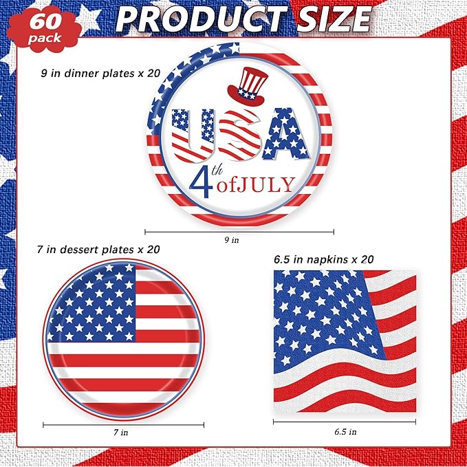 60Pcs Patriotic Plates and Napkins, 4th of July Tableware Party Supplies Disposable Dinner Dessert Paper Plates and Napkins for Independence Day, Labor Day, Veterans Day, Election Day Decorations