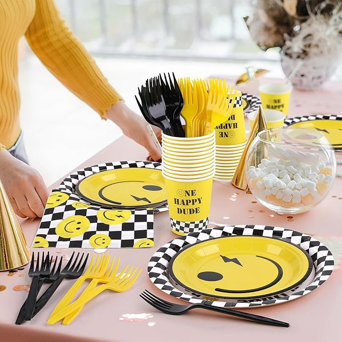 Kochorie 144 Pieces One Happy Dude Party Tableware Sets including Disposable Plates Napkins Cups Forks Serves 24 for Smiley Face 1st Birthday Preppy Party Decorations