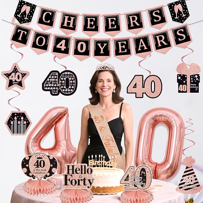 14Pcs 40th Birthday Decorations for Women with Banner, Hanging Swirls, Balloons,Crown and Sash,Table Honeycombs Centerpieces, Happy 40th Birthday Decorations