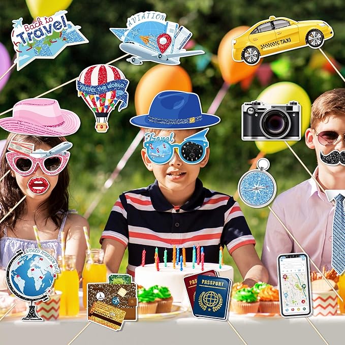 25 Pcs Travel Themed Photography Decorations, Fun Global Travel Photo Booth Props, Party Supplies for All Occasions Such as Graduation Ceremonies and Birthdays