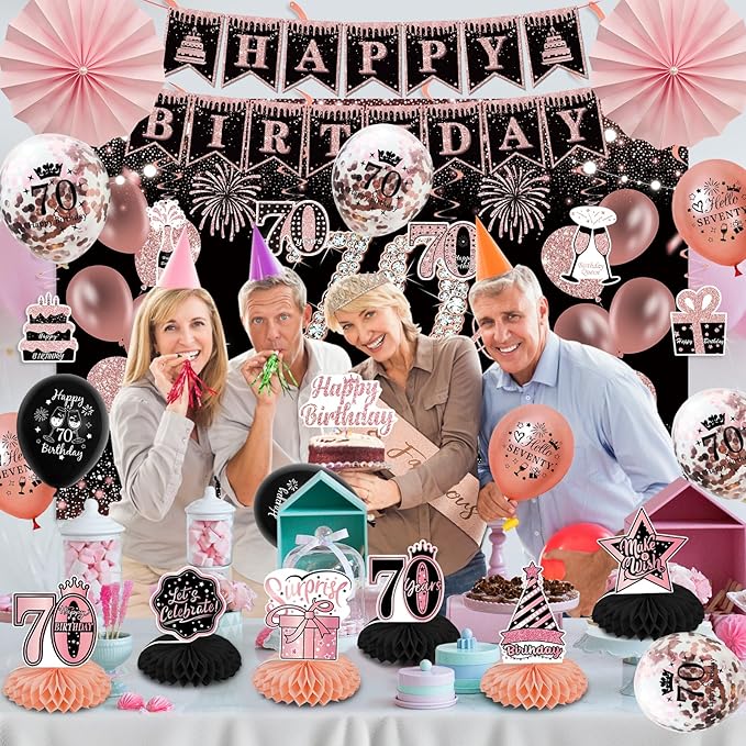 70th Birthday Decorations for Women - Rose Gold 37Pcs Platinum Celebration Party Kit with Banner, Backdrop, Tiara, Sash, Cake Topper, Latex Balloons, Hanging Swirls, Centerpieces | Party Supplies