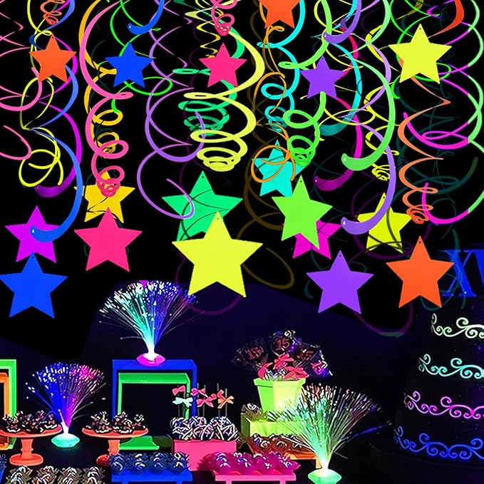 56 Pieces Rainbow Hanging Swirl Decorations Neon Swirl Streamers UV Neon Garland Ceiling Decorations Glow in The Dark Neon Party Supplies and Decorations Black Light Party Kit for Birthday Wedding