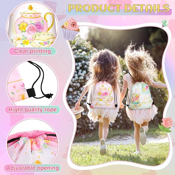 Censen 24 Pcs Tea Party Drawstring Bags Set Bulk 12 x 10 Inch Spring Themed Bags for Girls Boys Kid Birthday Baby Shower Party