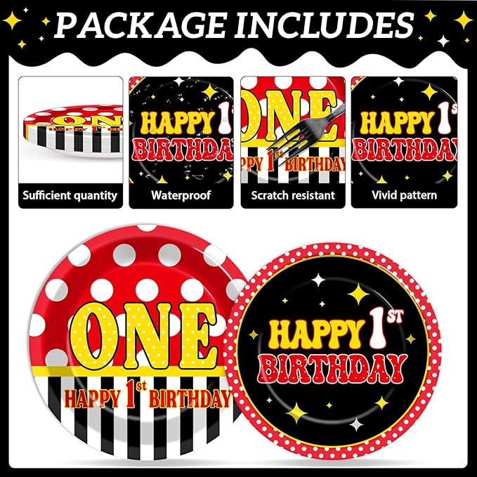 MinFyberd 96 Pcs Mouse 1st Birthday Party Plates and Napkins Set Cartoon Mouse Party Decorations Red Black Yellow Paper Dessert Plates Polka Dot Tableware Set for Boys Girls 24 Guests