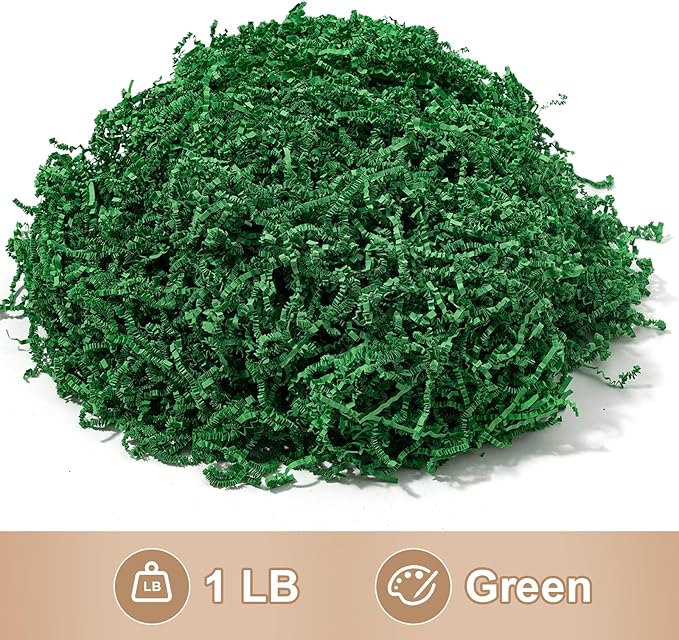 Wowxyz 1 LB Crinkle Cut Paper Shred Green Crinkle Shredded Paper for Gift Baskets - Gift Box Bag Filler - Confetti Stuffing for Birthday, Holiday Present Packaging Wrapping