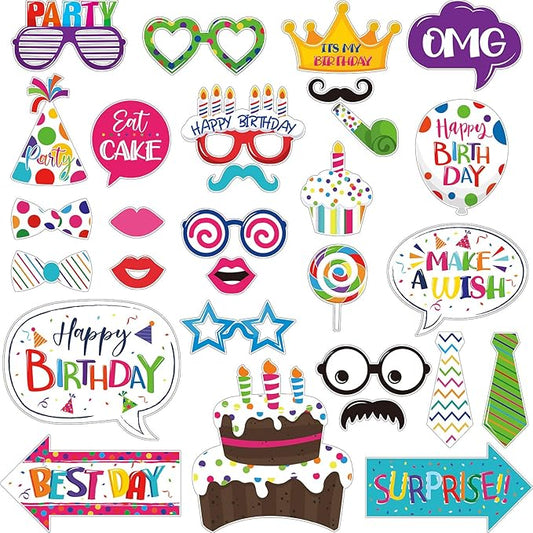 29 Pieces Birthday Photo Booth Props Kit Colorful Funny Kids Birthday Theme Table Centerpiece Craft Cutouts with Glue Point Dots and Wooden Dowel Sticks for Party Celebration Decorations
