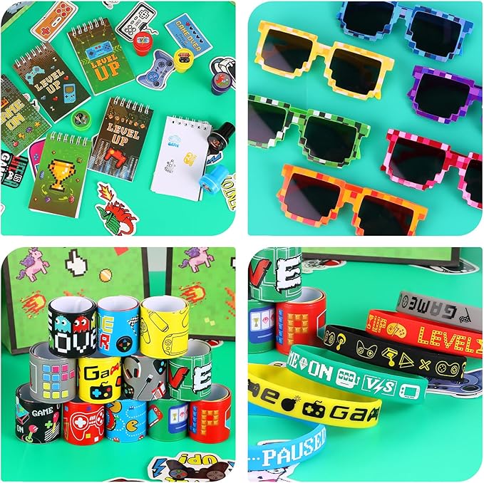 LiYiQ 122 Pcs Video Game Party Favors With Video Game Sunglasses Slap Bracelets Notebook Stamps Stickers and Gift Bag for Video Game Gamer Birthday Party Supplies