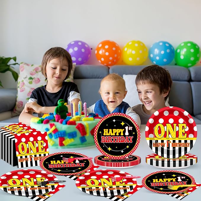 MinFyberd 96 Pcs Mouse 1st Birthday Party Plates and Napkins Set Cartoon Mouse Party Decorations Red Black Yellow Paper Dessert Plates Polka Dot Tableware Set for Boys Girls 24 Guests