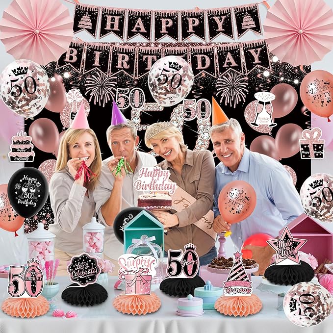 50th Birthday Decorations for Women - Rose Gold 37Pcs All-in-One Party Kit with Banner, Backdrop, Tiara, Sash, Cake Topper, Latex Balloons, Hanging Swirls, Centerpieces