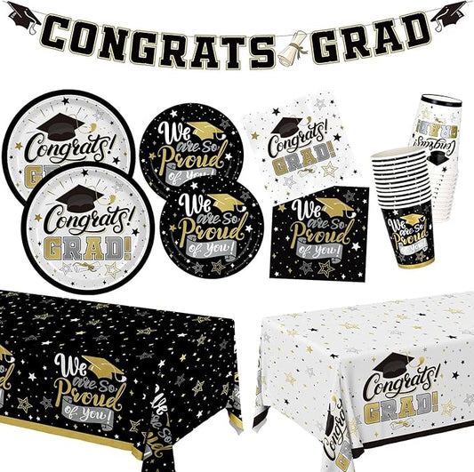 Graduation Decorations 2025 Black and Gold Grad Party Supplies with Disposable Plates, Napkins, Tablecloth, Cups and Congrats Grad Banner for 24 Guests - Graduation Party Decorations