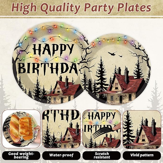 96pcs Retro Scary House Paper Plates Spooky Rustic Alphabet Tableware Sets Colorful Light Bulbs Party Decorations Forest Dinner Plates and Napkins Forks for Birthday Party Supplies Serve 24 Guests