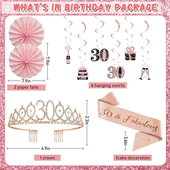 30th Birthday Decorations for Women - Rose Gold 37Pcs Complete Party Kit with Banner, Backdrop, Tiara, Sash, Cake Topper, Latex Balloons, Hanging Swirls, Centerpieces | Birthday Party Supplies
