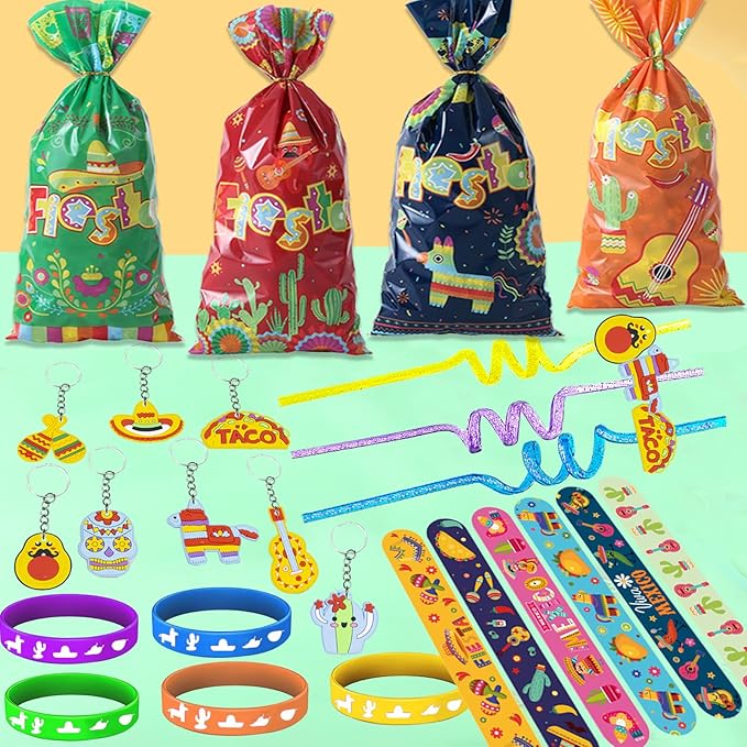 Mexican Fiesta Party Favor 122 PCS Mexican Themed 12 Slap Bracelets 12 Silicone Bracelets 50 Stickers 12 glitter drinking straws 12 Fiesta Keychains 12 Candy Bags 12 Bubble Wands for Mexican Party