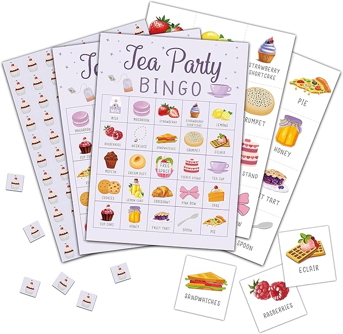 Foosproea Tea Party Bingo Cards, Let’s Par-Tea Game for 24 Players, Garden Tea Party Games for Family Friends Activities, Holiday Party Favors Supplies Decorations(05)