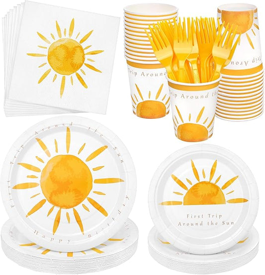 Kochorie 144 Pieces Boho Sun Birthday Party Decorations Tableware Sets Including Disposable Bohemia Sunshine Plates Napkins Cups Forks Serves 24 for Sun Baby Shower Party Supplies