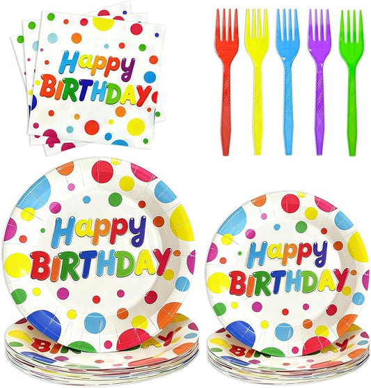 LyingMonkey 100 Pcs Birthday Colorful Dots Plates Napkins Forks, Disposable Happy Birthday Dots Tableware Set Party Supplies