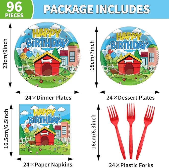 96Pcs Cute Dog Red House Birthday Party Supplies Cartoon Dog Red House Paper Plates and Napkins Puppy Theme Disposable Tableware Set for Kids Birthday Baby Shower Party Decorations Serves 24