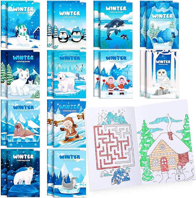 BenLouis 24 Pcs Winter Mini Coloring Books Kids Polar Animals Penguin Party Favors Small Activity Books Bulk for Kids Winter Holiday Theme Birthday Goodie Bags Stuffers Return Gifts Classroom Travel