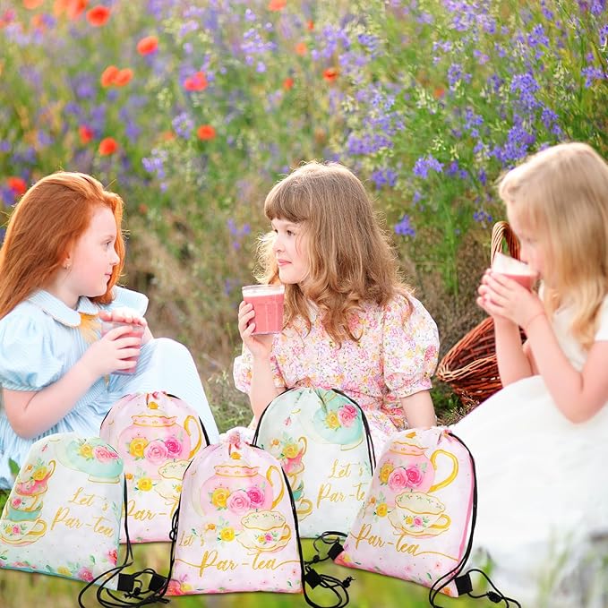 Censen 24 Pcs Tea Party Drawstring Bags Set Bulk 12 x 10 Inch Spring Themed Bags for Girls Boys Kid Birthday Baby Shower Party