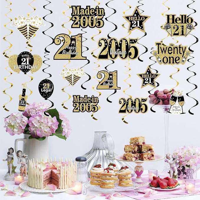 Turypaty 21st Birthday Decorations Hanging Swirls for Boys Girls, Black Gold Vintage 2005 21st Birthday Foil Swirls Party Supplies, Twenty-One Year Old Birthday Ceiling Hanging Decorations