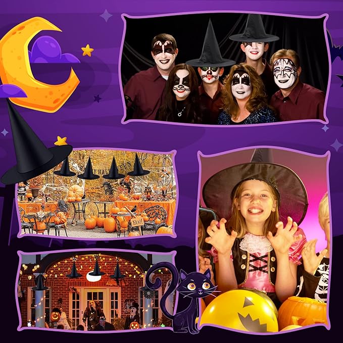 ZeeDix 24 Pcs Halloween Witch Hats Hanging Decor Indoor, Black Floating Witches Hat with 98 Ft Hanging Rope, Wizard Costume Accessories Outdoor Halloween Decorations for Home Yard Porch Ceiling