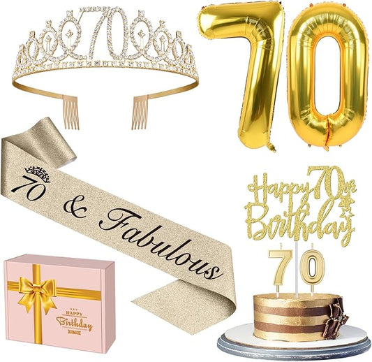 70th Birthday Decorations for Women Gold with 70th Birthday Sash and Tiara, Cake Topper and Candles, Number Balloons, 70 Year Old Gifts for Women