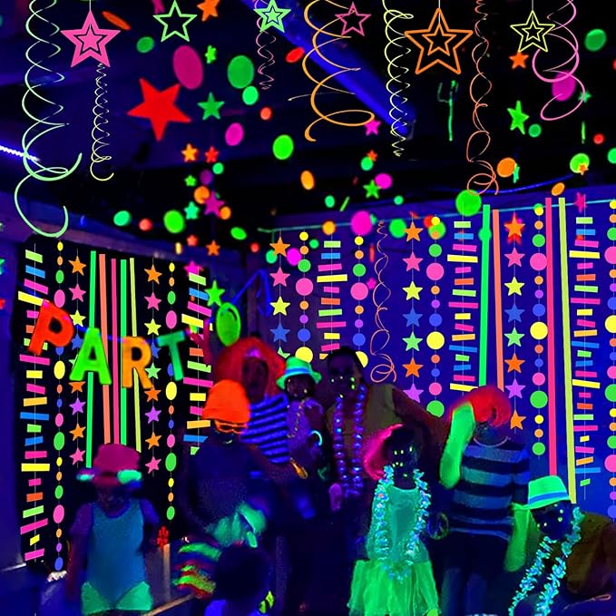 120feet Round Dot UV Neon Garland Hanging Paper Glow in The Dark Neon Glow Party Supplies and Decorations Glow in The Dark Blacklight Reactive Fluorescent Black Light Party Kit for Birthday Wedding