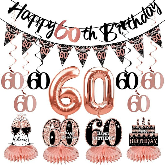 Guiruiy 13PCS 60th Birthday Decorations for Women, Rose Gold Happy 60 Birthday Banner Centerpieces Swirls Balloons Kit Party Supplies, Sixty Years Old Bday Ceiling Table Topper Decor