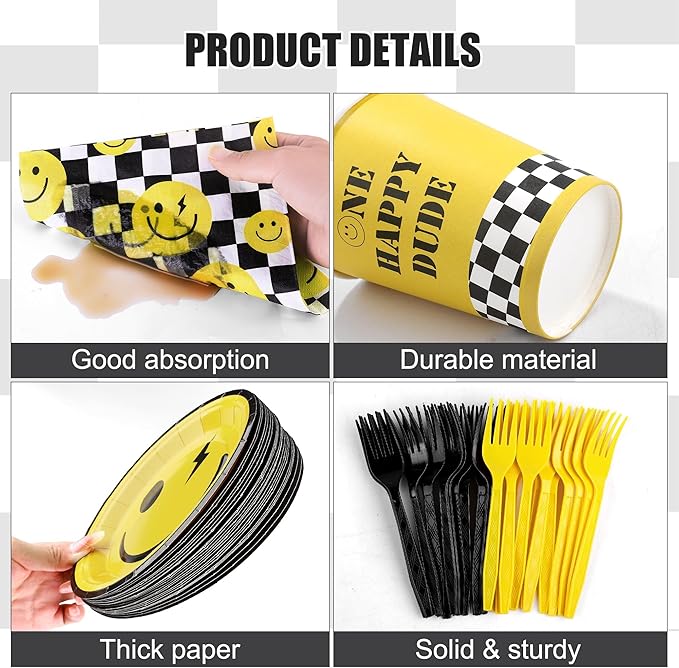 Kochorie 144 Pieces One Happy Dude Party Tableware Sets including Disposable Plates Napkins Cups Forks Serves 24 for Smiley Face 1st Birthday Preppy Party Decorations