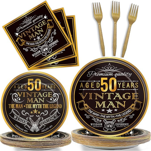 Wiooffen 96 Pcs Vintage 50th Party Tableware Set Back in 1976 50th Theme Birthday Party Table Decoration Supplies Cheers to 50 Years Paper Plate Napkin Fork 24 Guests for Men