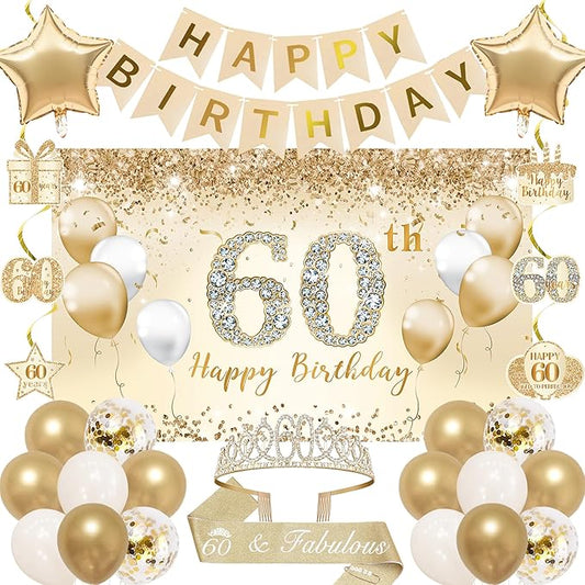 Trgowaul 60th Birthday Decorations for Women, 30pcs Champagne Gold Happy Birthday Party Supplies, 60th Crown and Sash, Banner, Hanging Swirl Flag, Balloons, 60 Year Old Party Decorations Kit