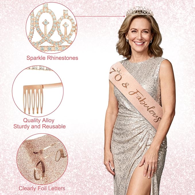 70th Birthday Decorations for Women - Rose Gold 37Pcs Platinum Celebration Party Kit with Banner, Backdrop, Tiara, Sash, Cake Topper, Latex Balloons, Hanging Swirls, Centerpieces | Party Supplies