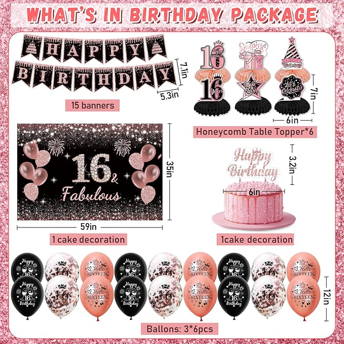 16th Birthday Decorations for Girls - Rose Gold Sweet 37Pcs All-in-One Party Kit with Banner, Backdrop, Tiara, Sash, Cake Topper, Latex Balloons, Hanging Swirls, Centerpieces | Birthday Party Supplies