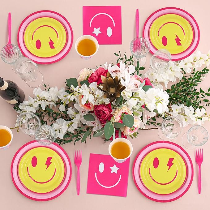 Kochorie 144 Pieces Preppy Smile Party Tableware Sets Including Disposable Plates Napkins Cups Forks Serves 24 for Smile Face Party Birthday Baby Shower Decor Party Supplies