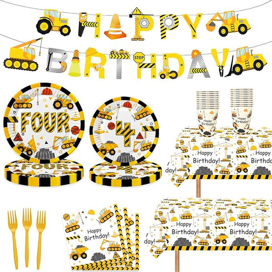118 Pcs Construction 4th Birthday Decor Construction Four Years Old Paper Dinner Plates Napkins Forks Cups Tablecloth Banner Dinnerware for Dump Truck Theme Fouth Bday Party Supplies Decorations